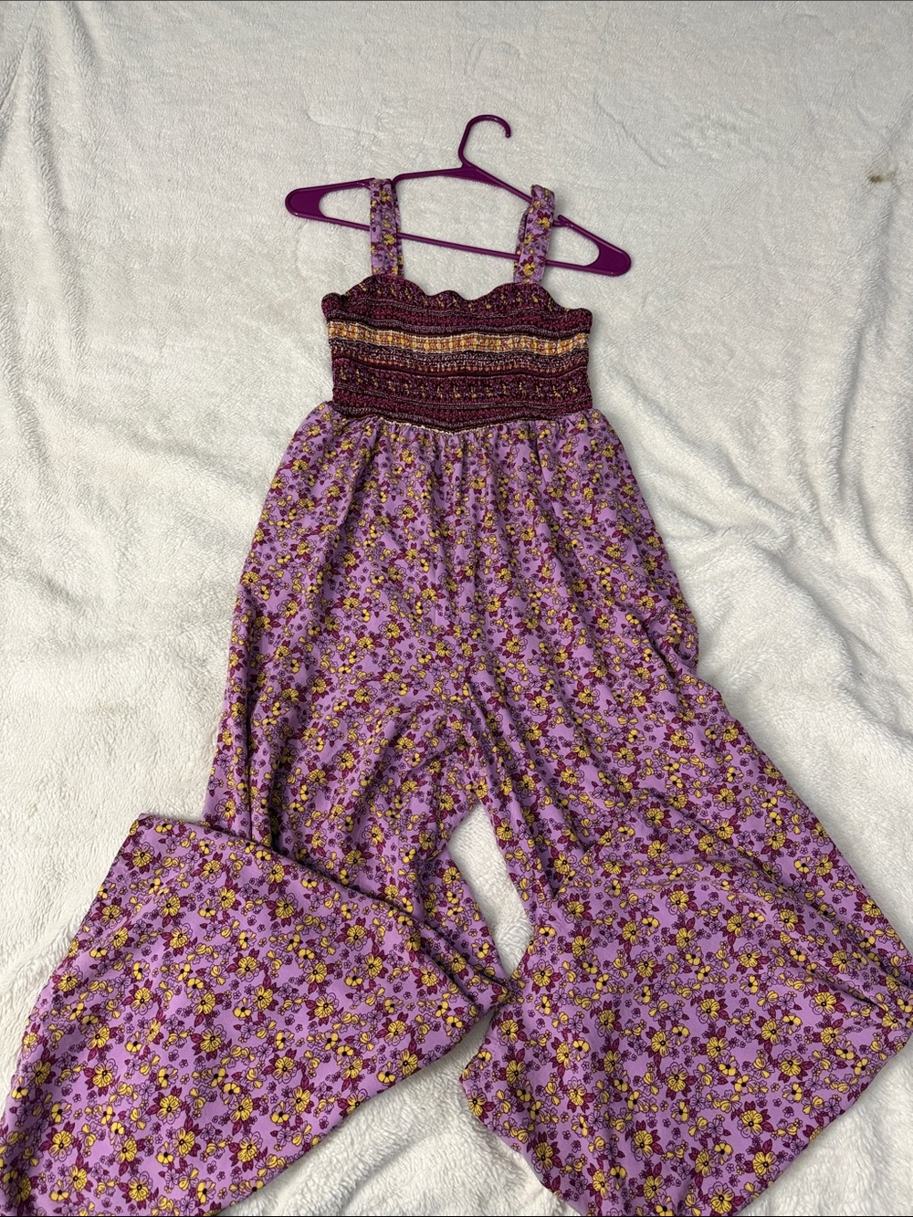 Lavender Floral Smocked Wide-Leg Jumpsuit